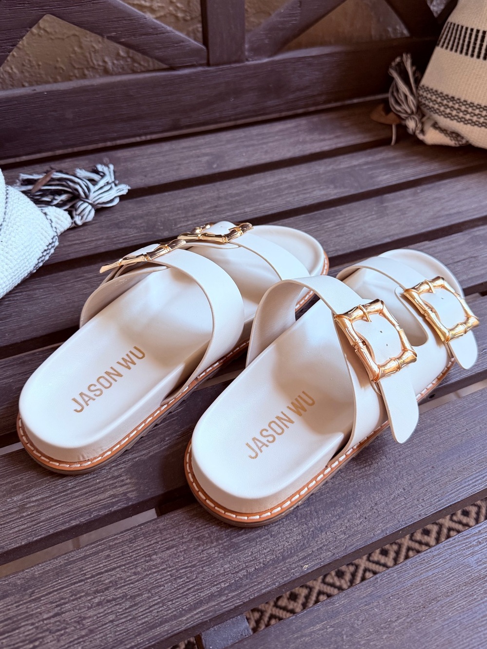 Jason Wu Cream Slide Sandals with Gold Buckles